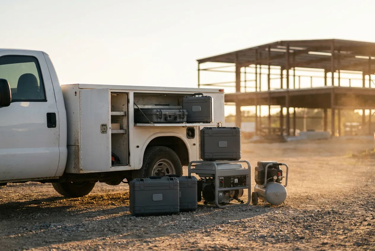 Service truck on a construction job site with tool cases, a generator and a compressor fitted with Bluetooth tags that report through the truck's GPS tracker