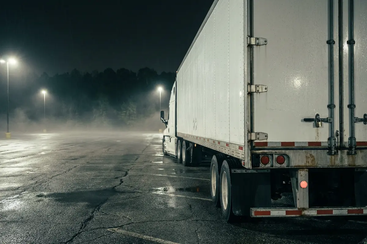 White semi truck and trailer parked alone in a misty truck stop lot at night with the trailer doors padlocked
