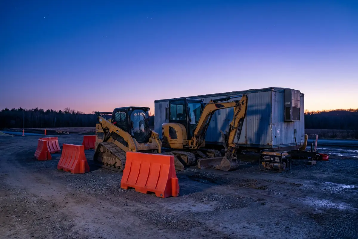 Compact track loader and mini excavator parked beside a job-site trailer and generator on an empty construction site at blue hour