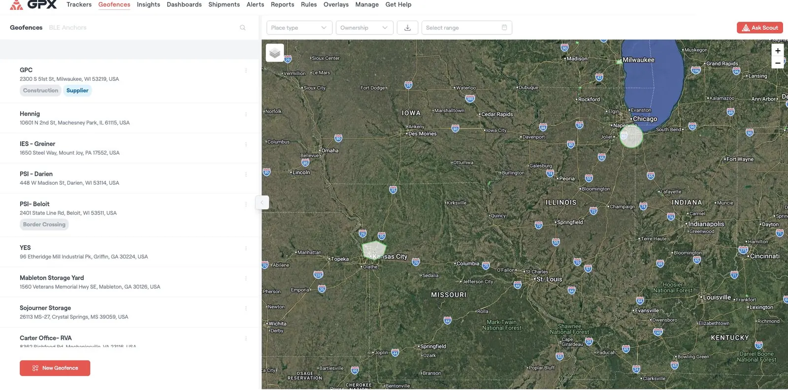 GPX equipment tracking software — geofences around job sites and yards on a live map