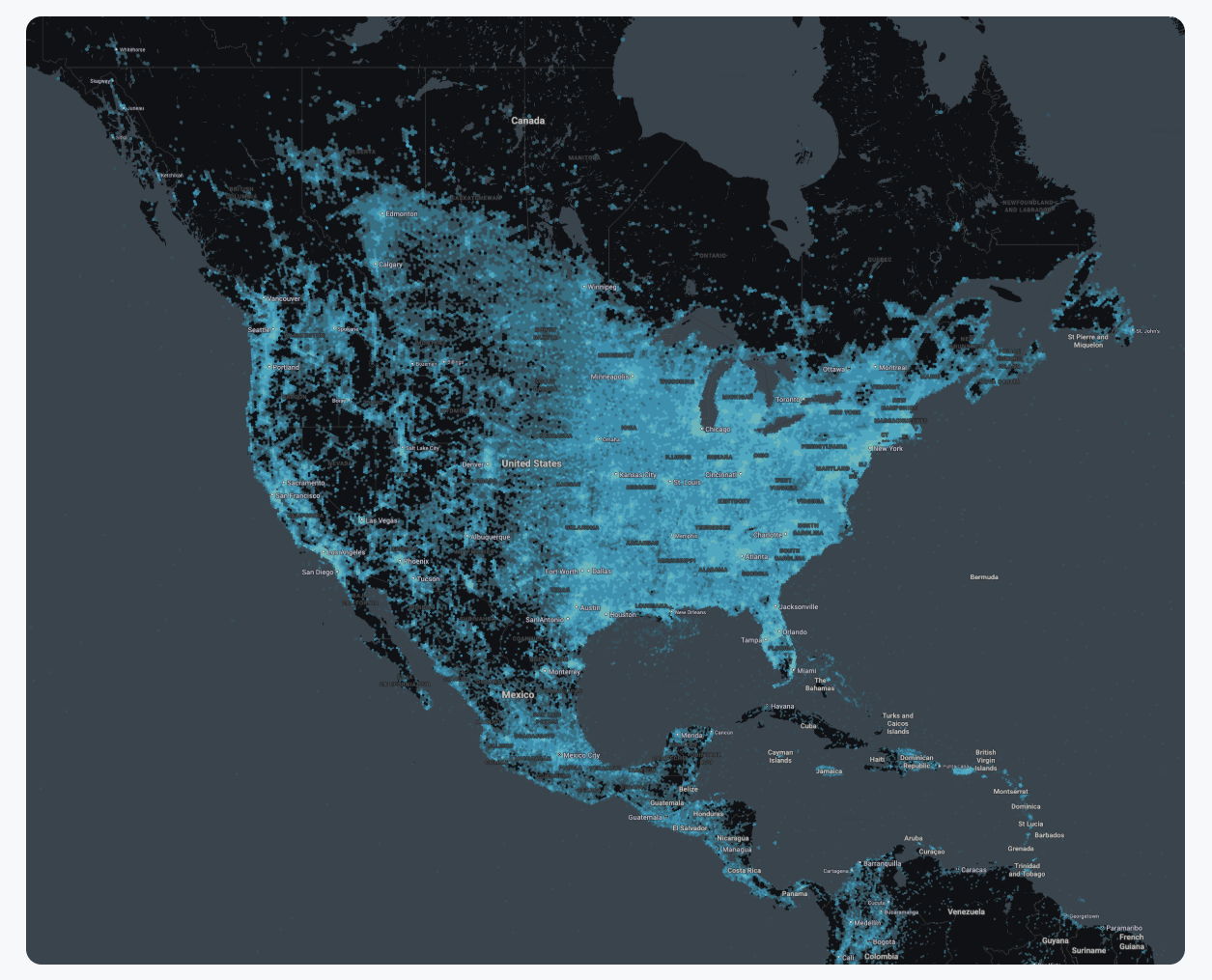 GPX terrestrial network coverage map for gateway-less BLE asset tracking across North America