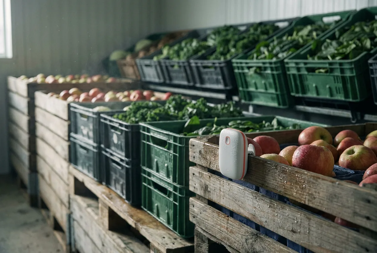 Cool storage room with crates of fresh apples and leafy greens on pallets, a small humidity sensor clipped to one crate