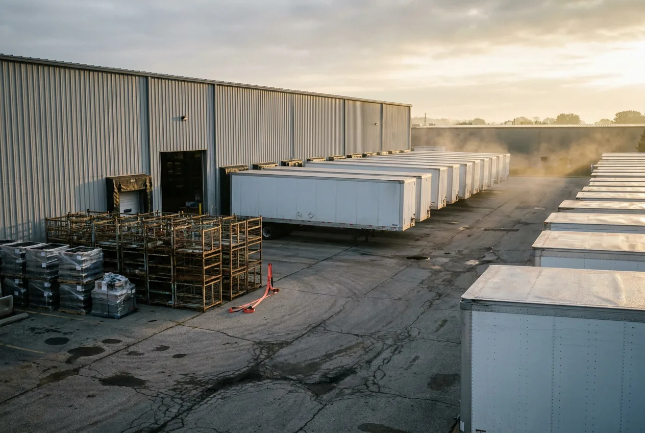 Industrial yard with rows of white trailers and steel returnable racks beside a warehouse with open dock doors, where assets move between outdoor and indoor tracking