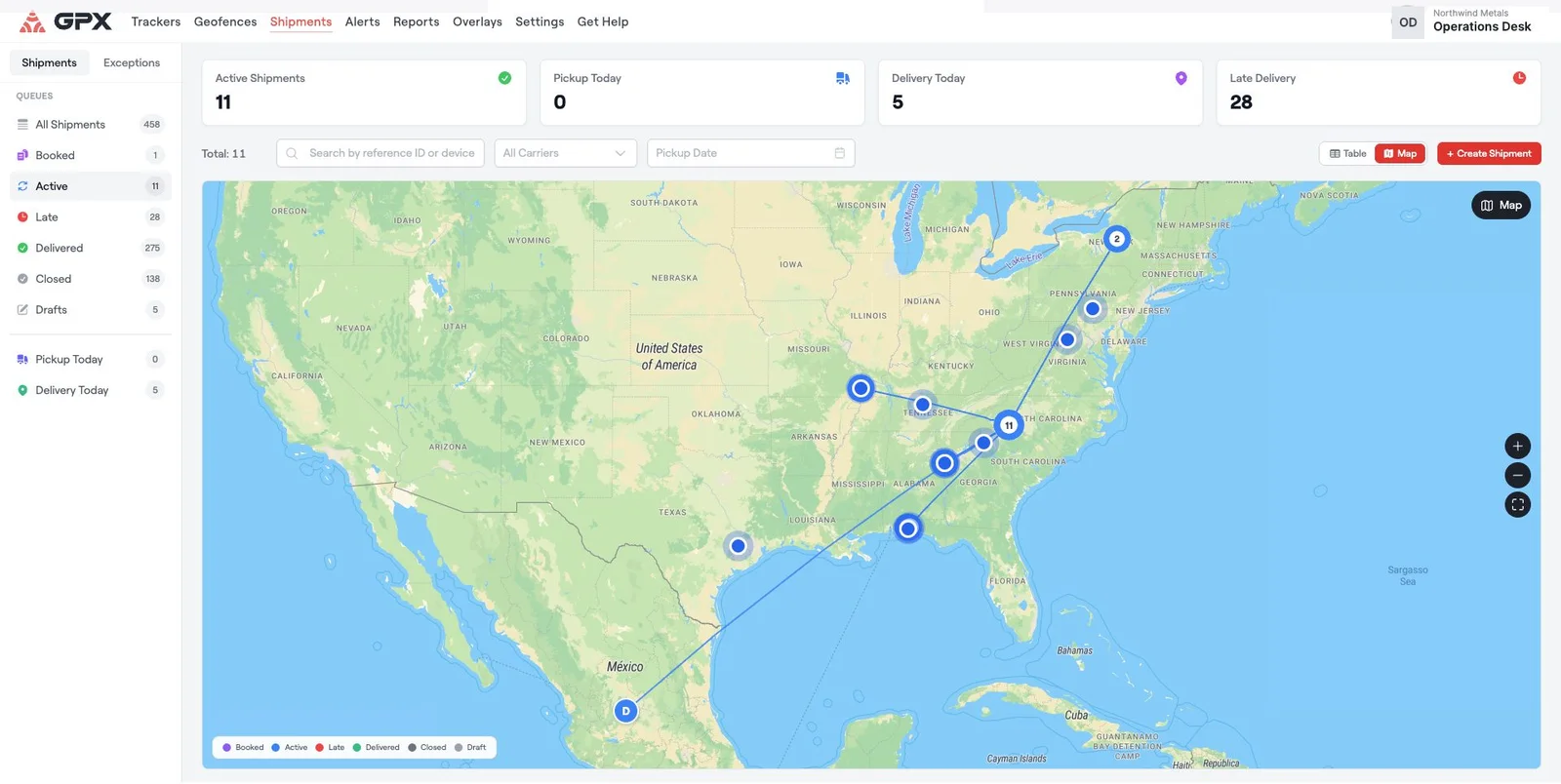 Real-time shipment tracking map in GPX showing active shipments clustered by status with planned routes across the United States and Mexico