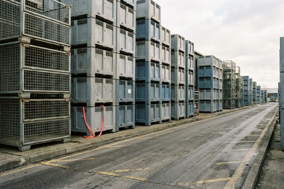 Tall stacks of grey and blue returnable plastic crates and steel wire containers in an outdoor supplier yard awaiting pickup