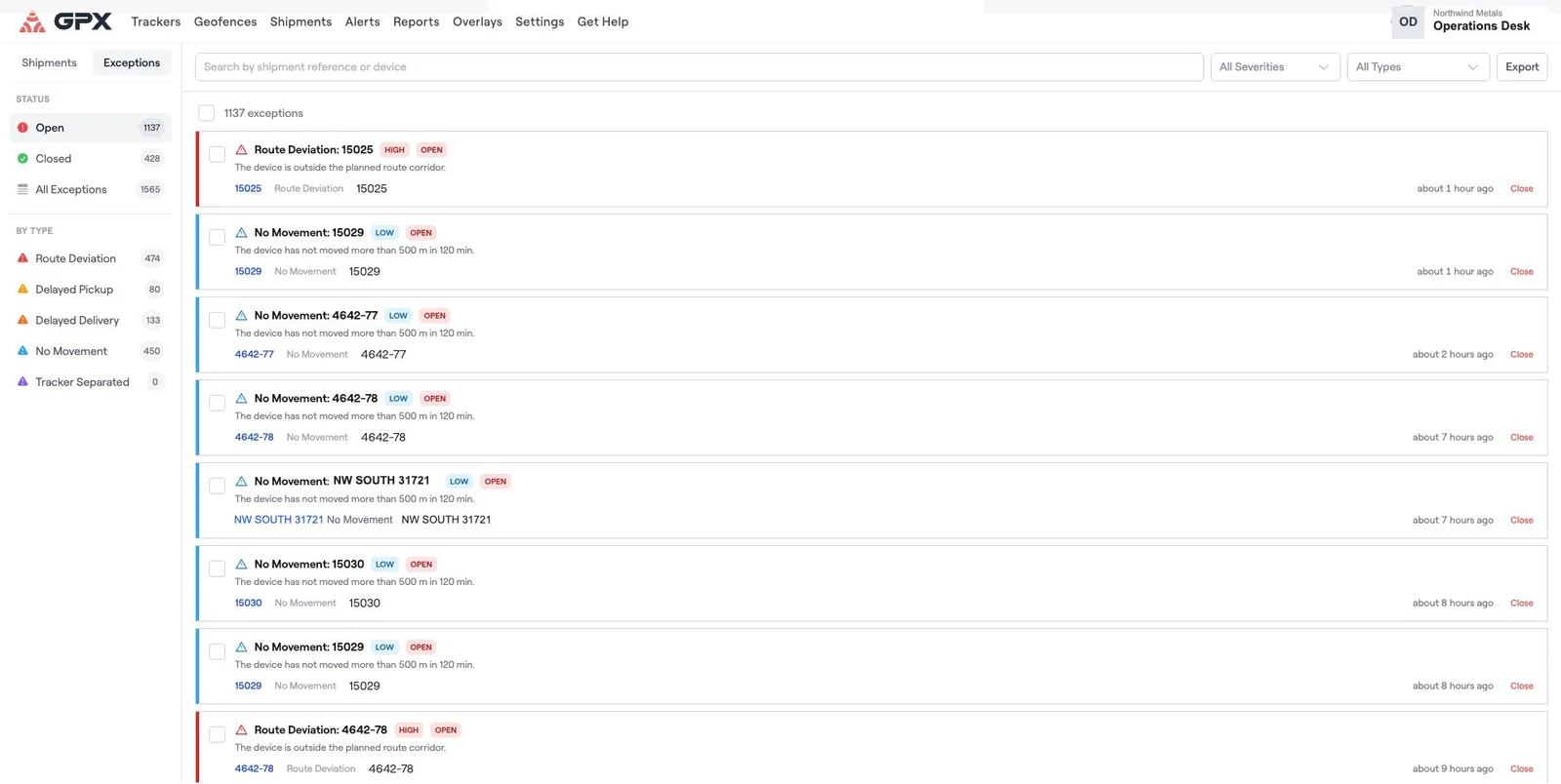 GPX shipment exceptions queue listing open Route Deviation and No Movement exceptions with severity, shipment reference and time
