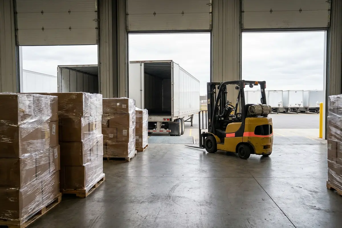 Shrink-wrapped pallets staged at open dock doors of a distribution center with a trailer backed in and a forklift in the mid-ground