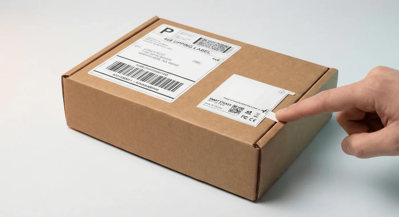 SmartLabel disposable tracking label applied to a shipping box for shipment-level traceability