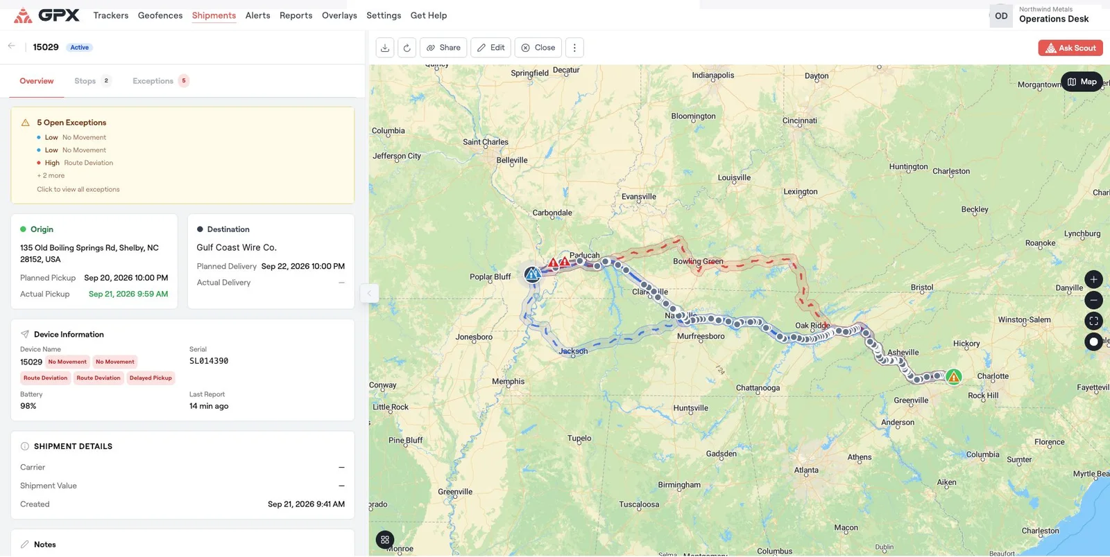 GPX shipment tracking software showing a Smart Label shipment with its planned route corridor, a route deviation segment in red, and open exceptions