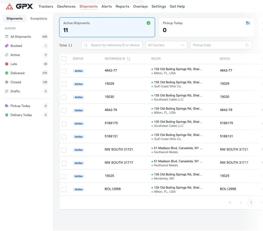 GPX shipment tracking system active shipments queue with status, reference, route, device and carrier for each load