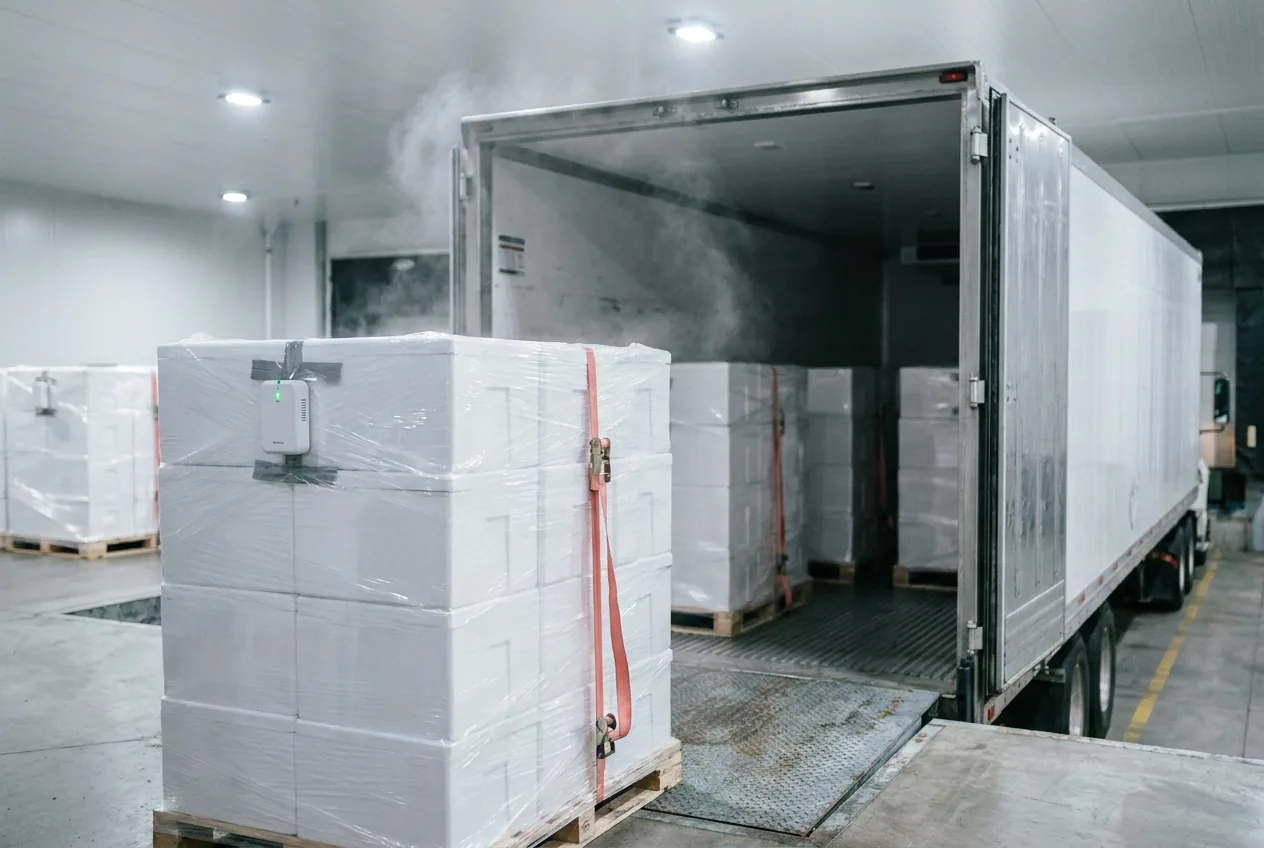 Refrigerated trailer at a cold-chain loading dock with pallets of insulated boxes, one fitted with a small temperature and humidity sensor
