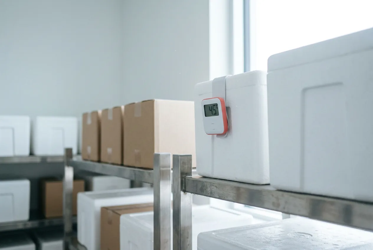 Pharmaceutical cold room with insulated shipping containers and medicine cartons on steel shelving, one container fitted with a temperature sensor