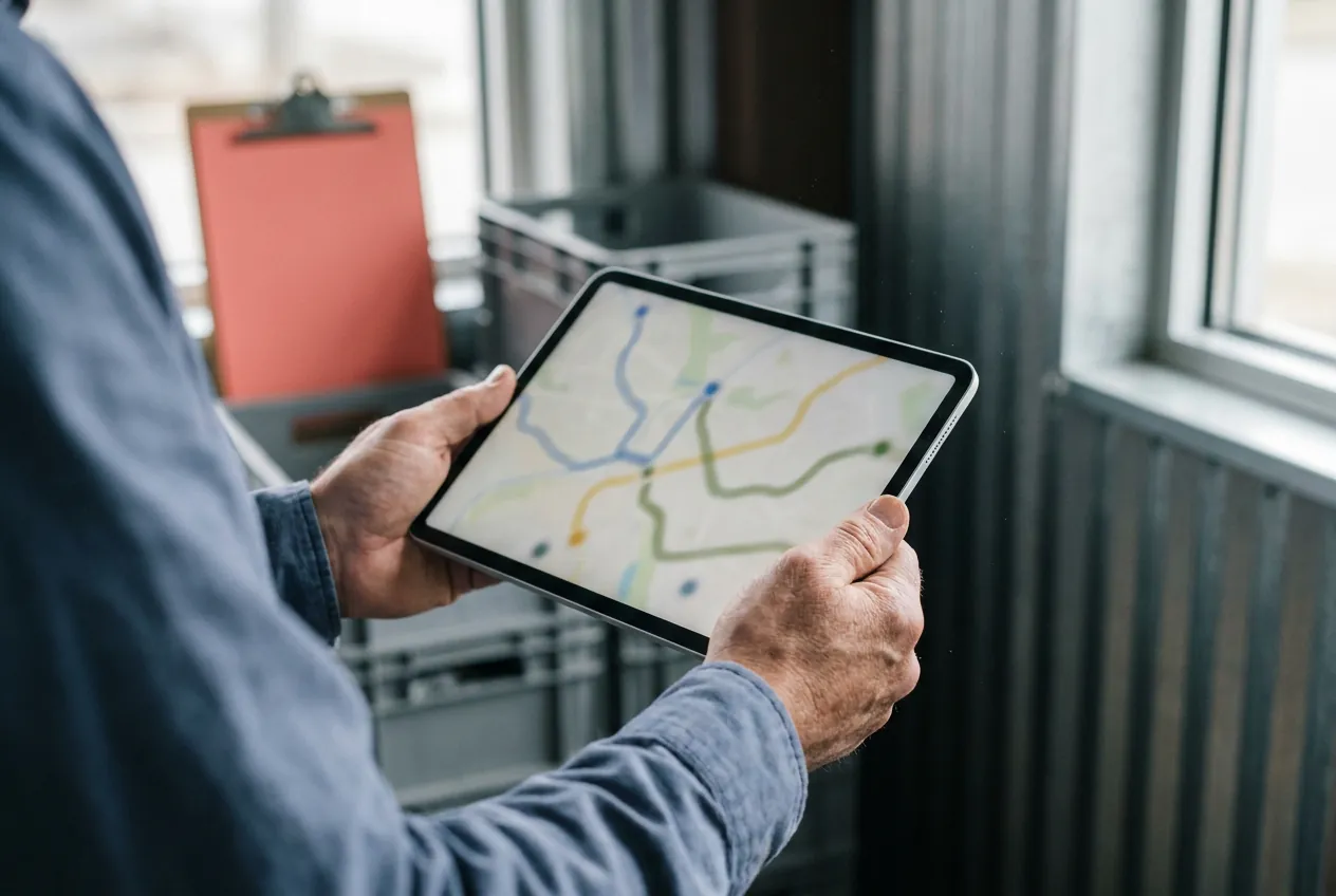Operations manager reviewing container routes on a tablet map to build audit and reuse evidence