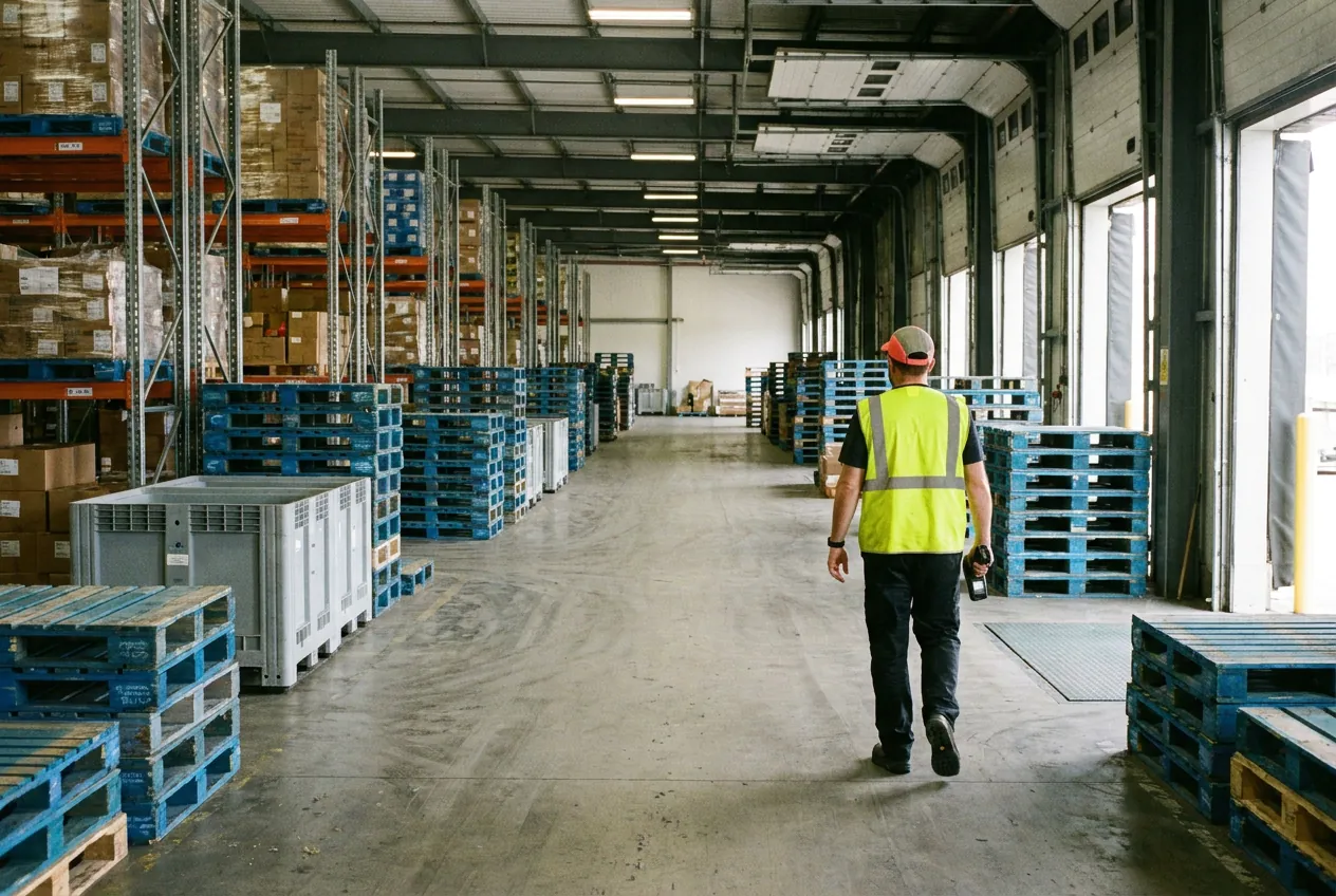 Worker walking between lanes of reusable plastic pallets and bulk containers at a cross-dock where dwell time is measured by site