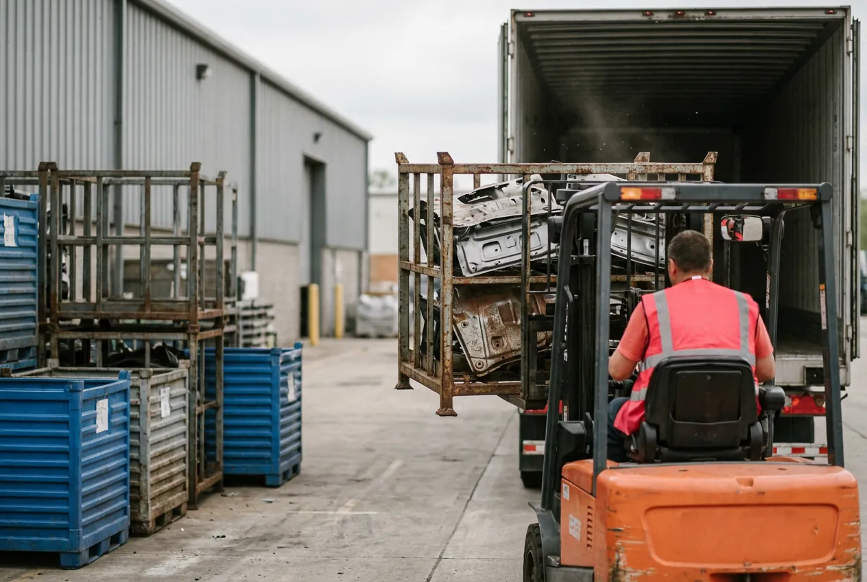 Forklift loading a steel returnable rack of stamped parts onto a trailer at a supplier dock, with blue reusable containers staged nearby