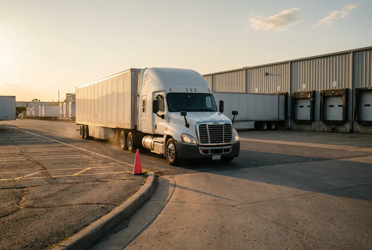 Semi-truck pulling out of a distribution center yard with tagged assets that stay traceable in transit without gateways