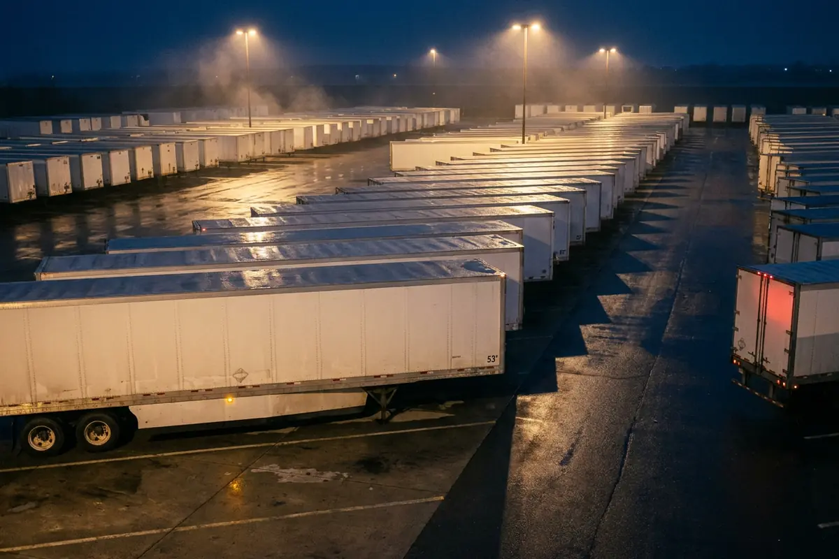 Rows of white semi trailers parked in a trailer drop yard at night under security lights on wet asphalt
