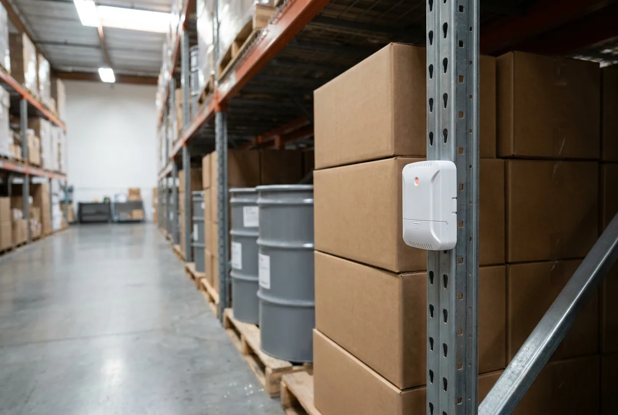 Climate-controlled warehouse with boxed goods and drums on racks and a small sensor mounted on a rack upright for temperature and humidity monitoring