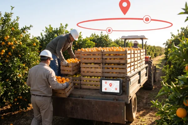 Workers loading orange crates onto a farm trailer located with agricultural vehicle tracking