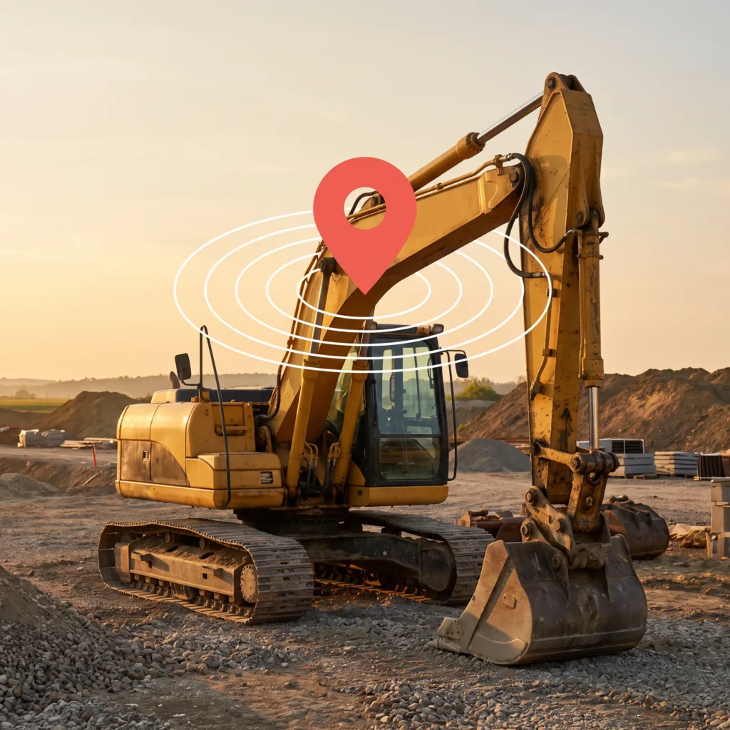Excavator on a construction site at golden hour located with construction asset tracking