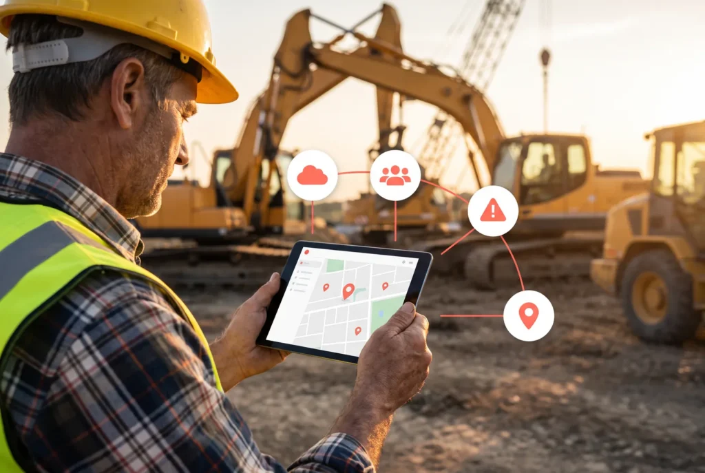 Construction worker using a tablet with alerts and locations from construction equipment tracking