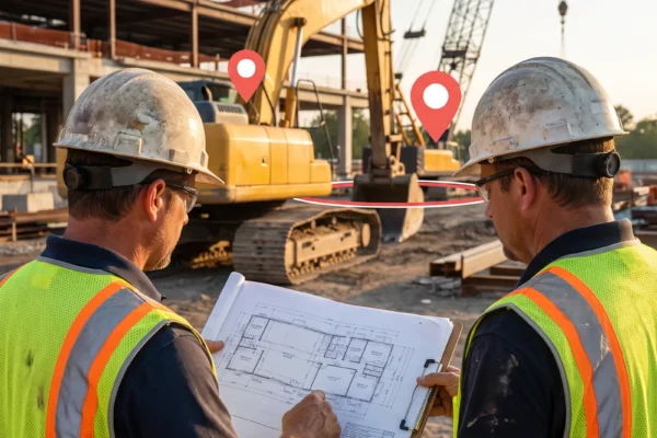 Construction supervisors reviewing plans while machines on site are located with GPS construction tracking