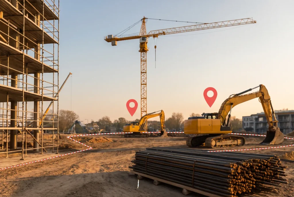 Construction site with excavators pinned inside a geofenced work zone by GPS tracking for construction equipment