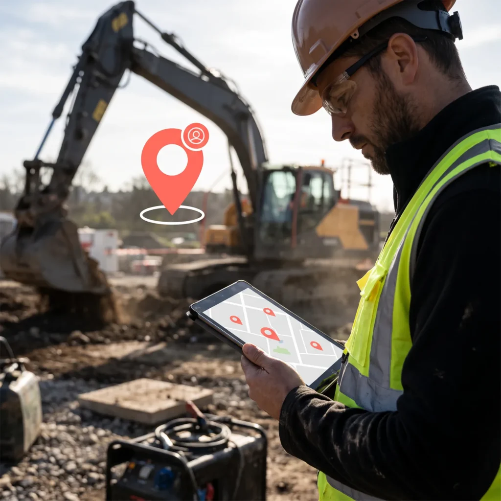 Worker checking a tablet beside a large excavator located with heavy equipment monitoring