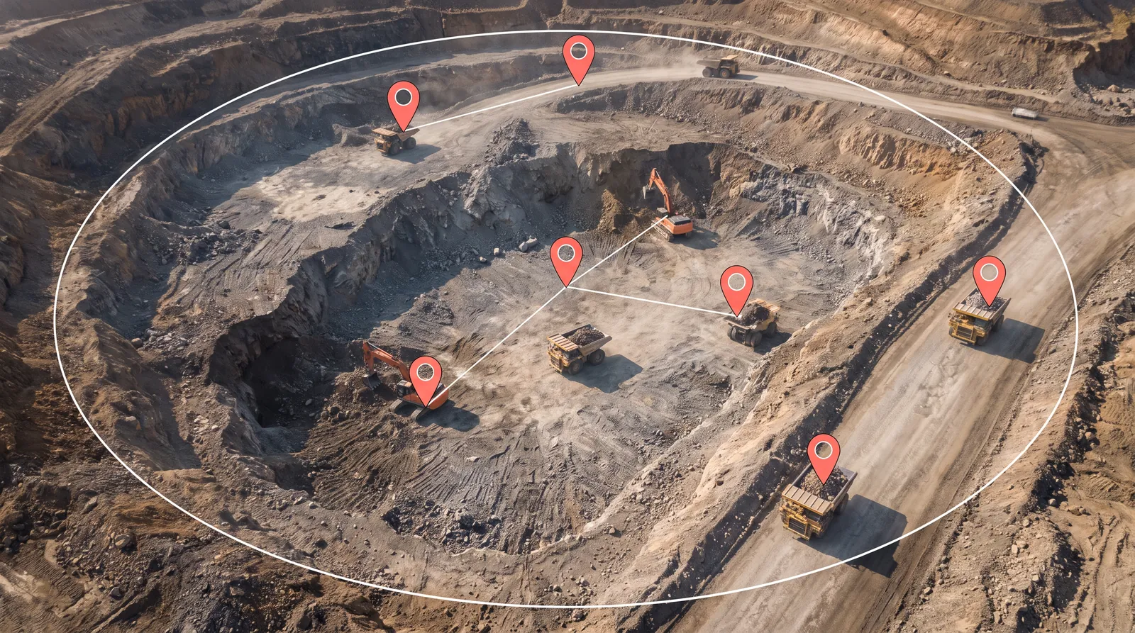 Aerial view of an open-pit mine with excavators and haul trucks inside a heavy equipment tracking geofence