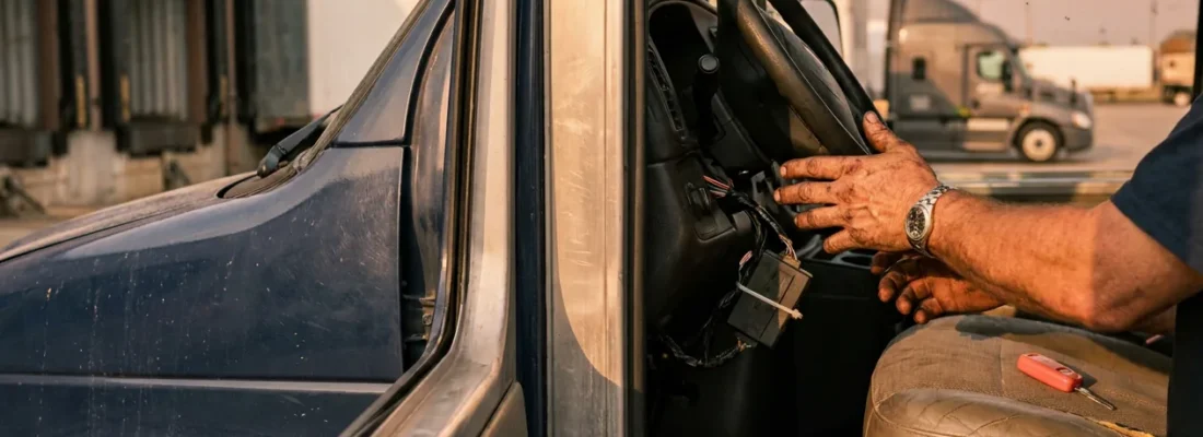 Passive disabling device: technician checking an immobilizer module under the steering column of a fleet van