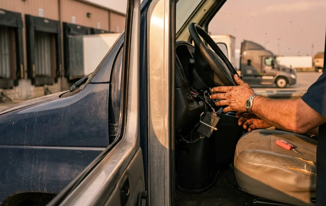 Passive disabling device: technician checking an immobilizer module under the steering column of a fleet van