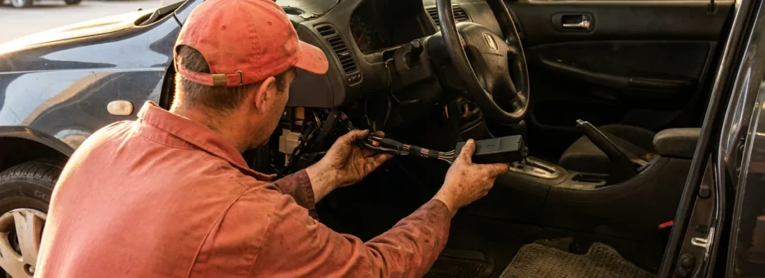 Starter interrupt device being wired under the dash of a dealership car alongside a GPS tracker