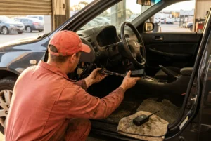 Starter interrupt device being wired under the dash of a dealership car alongside a GPS tracker
