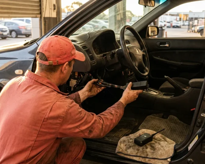 Starter interrupt device being wired under the dash of a dealership car alongside a GPS tracker